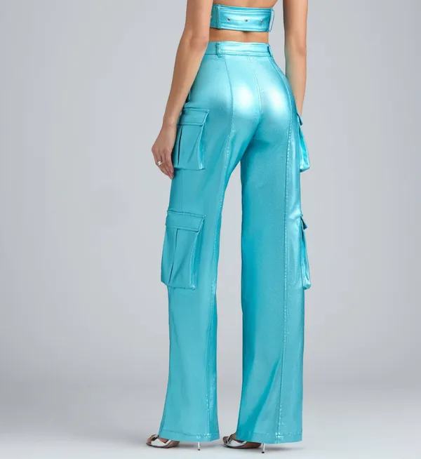 Oh Polly Metallic Denim Cargo Trouser - Image 2