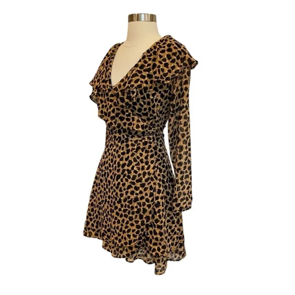 Free People Frenchie Leopard Print Georgette Mini Wrap Dress Boho Ruffle XS - Image 7