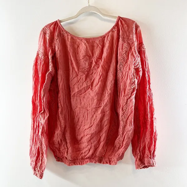 Free People Maria Long Sleeve Cotton Tie Neck Embroidered Blouse Coral Red M - Image 4