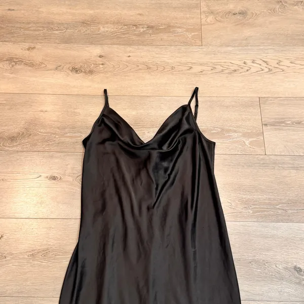 Black Midi Slip Dress Cowl Neck Large L Sleeveless‎ Lined Party Cocktail Flaws - Image 2