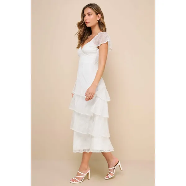 Lulus Graceful Darling White Lace Flutter Sleeve Tiered Midi Dress XL NWT - Image 3