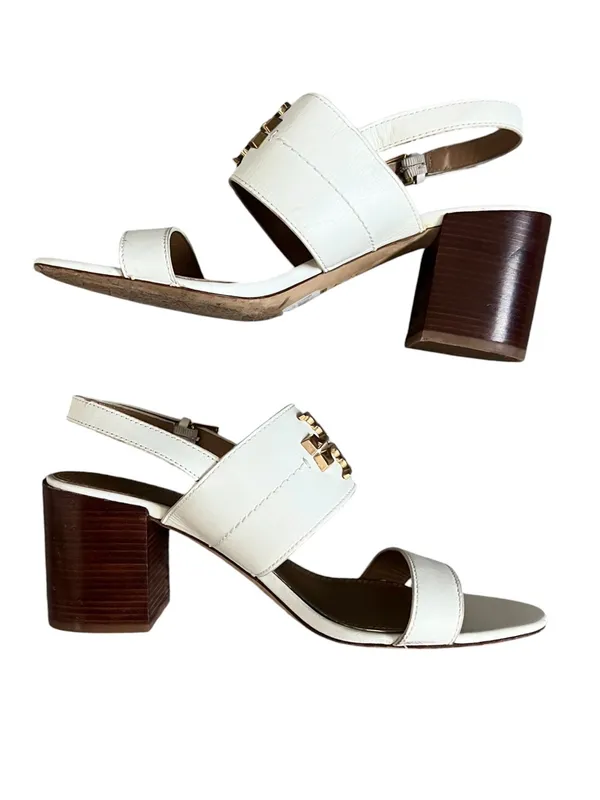 Tory Burch Women’s Eleanor White Leather Gold Metal Block Heel Sandals Size 9.5 - Image 12