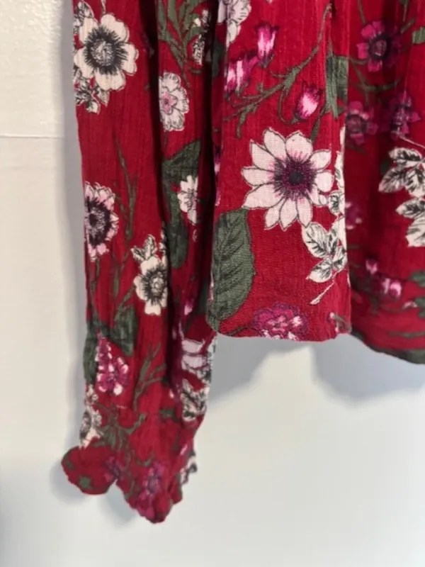 Aeropostale L Red Floral Blouse Ruched Tie Front Long Sleeve Boho Peasant Top - Image 5