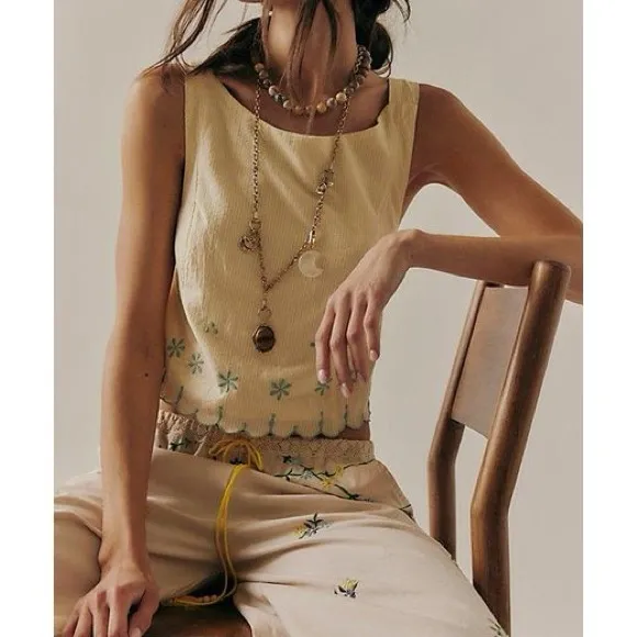 Free People Kayla Solid Embroidered Cropped Blouse Top - Double Butter - Image 4