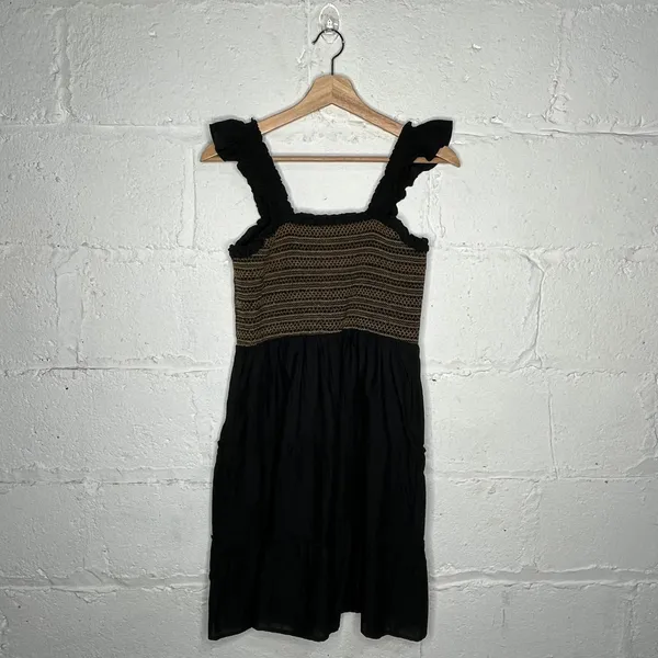 J.Crew‎ Factory Women's Black Cotton Smocked Tiered Ruffle Mini Dress Size Small - Image 3
