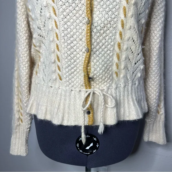 Hand Knit Cream Cable Knit Textured Cinched Waist Button Front Cardigan - Image 7