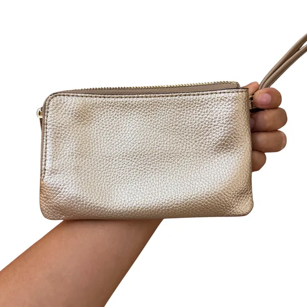 Coach Metallic Silver‎ Pebbled Leather Double Zip Compartment Wristlet Bag - Image 2