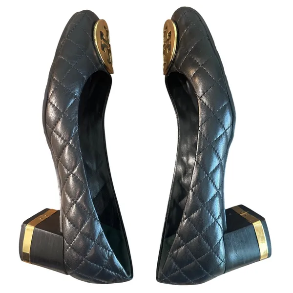 Tory Burch Claire Quilted Block Heel Pumps Black Gold Logo Leather Size 8 - Image 7