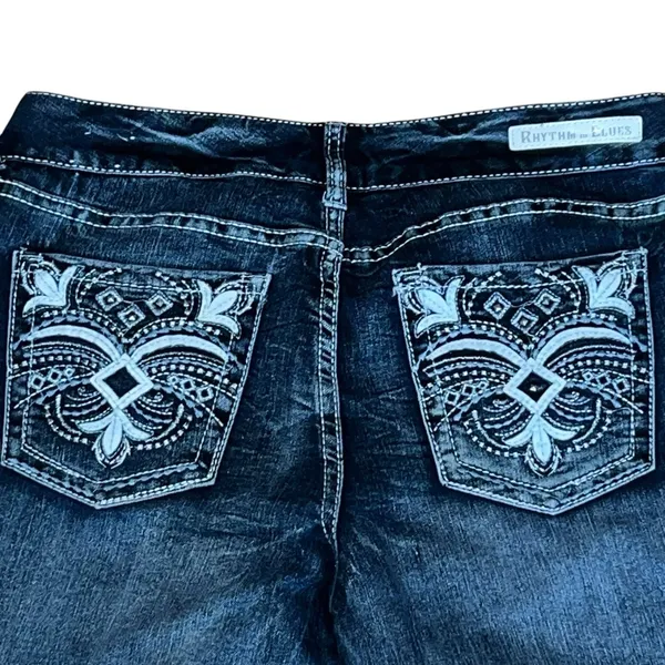 Rhythm In Blues Jeans Womens 10 Blue Denim Capri Rolled Hem Mid Rise Bling‎ Y2K - Image 4