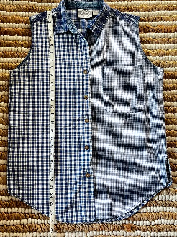 Vintage 100% Cotton Republic Denim Blue Plaid and gingham Button-Up tanktop - Image 4