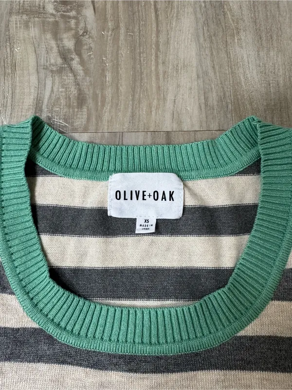 Olive & Oak Gray and Cream Striped Sweater with Green Trim - Image 3