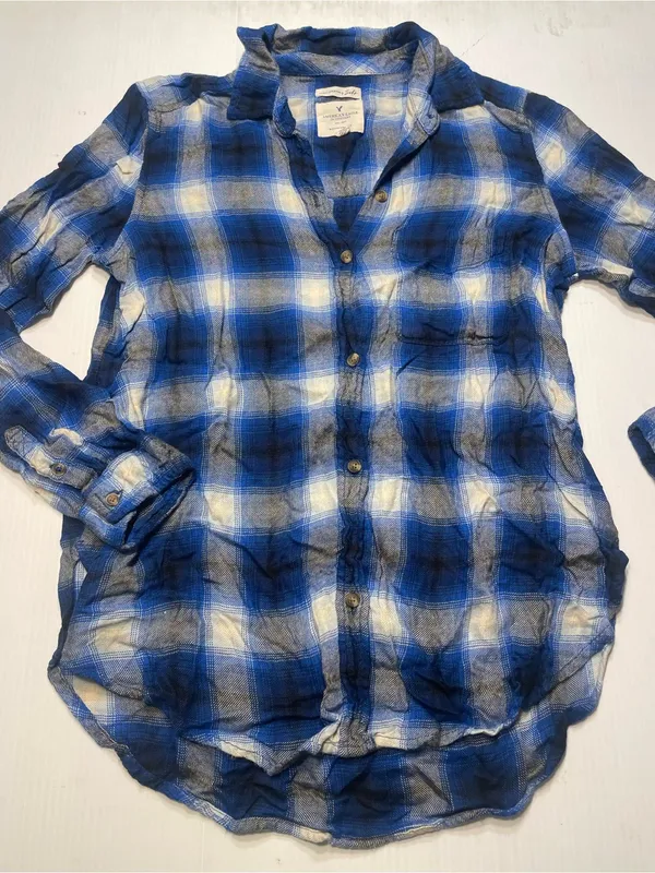 American Eagle Outfitters Plaid Flannel Boyfriend Shirt Blue Black Women/Jr Sz S - Image 2