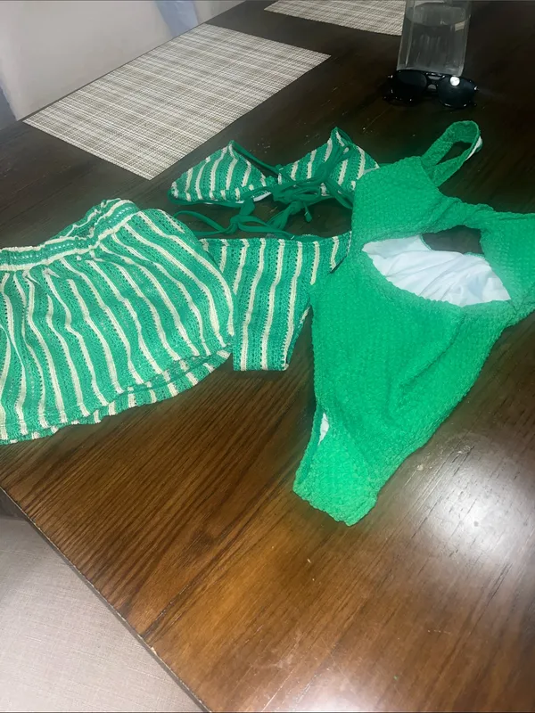SHEIN Green Textured One-Piece & Striped Bikini Set - Image 2