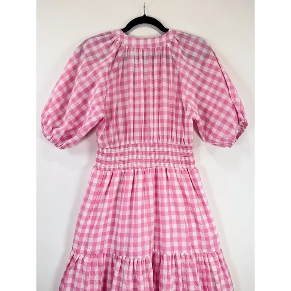 Entro Midi Dress Pink Tiered Gingham V Neck Puff Sleeve Smocked A Line Medium - Image 9