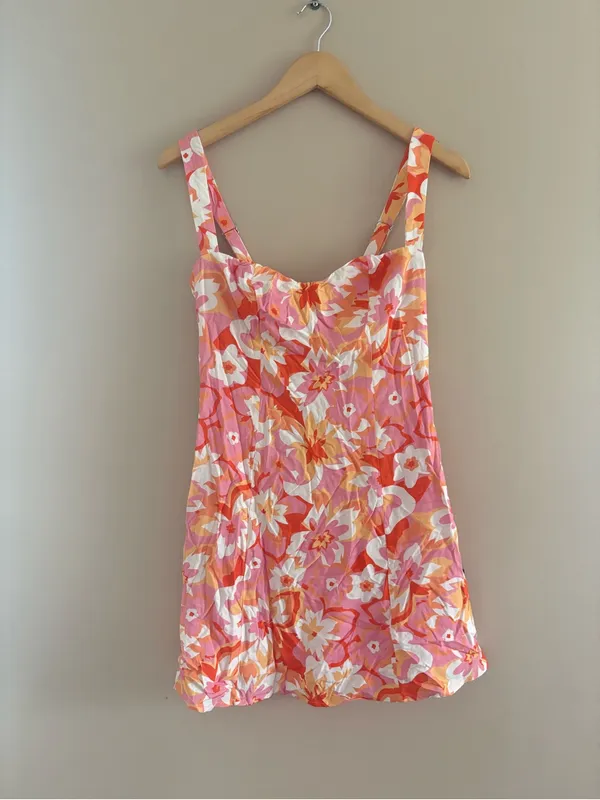 Lulus Ashlea Orange Floral Sweetheart Mini Dress Size Medium Sleeveless Beach - Image 4