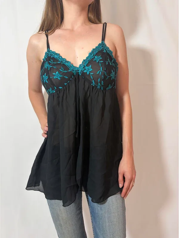 Black and Turquoise Lacey Floral Babydoll Slip - Image 6