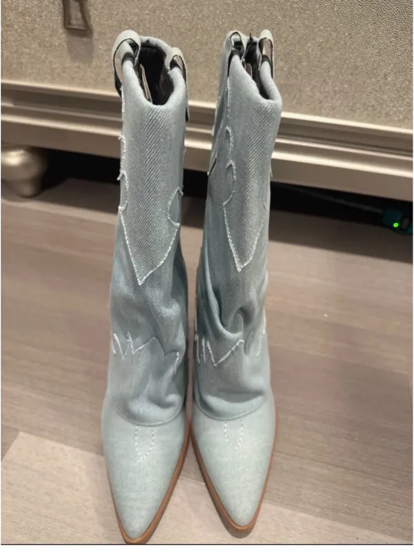PrettyLittleThing Light Blue Denim Western Ankle Boots - Image 5