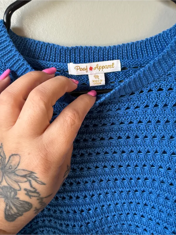 Blue Crochet Knit Blue Pullover Sweater Medium - Image 2