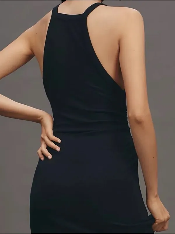 Anthropologie Daily Practice Black Ribbed Ruched Sides Sleeveless Midi Dress XL - Image 2