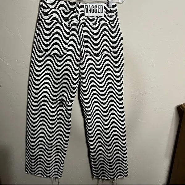 The Ragged Priest Black and White Wave Psychedelic Groovy Raw Hem Wide Leg Jeans - Image 8