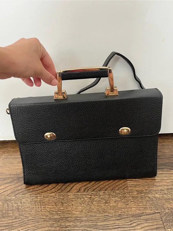 Vintage Black Pebbled Leather Satchel with Gold Hardware briefcase office - Image 2