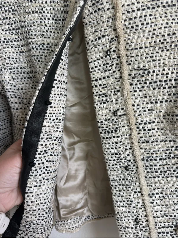 Karen Millen Women's Cropped Tweed Blazer Jacket Black Tan Size 4 - Image 4