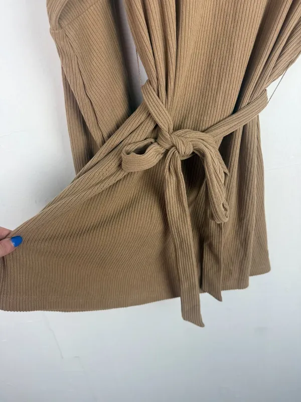 NWT Cupshe Belted Bishop Sleeve Rib Knit Mini Dress Brown Tan Size Medium M NEW - Image 5