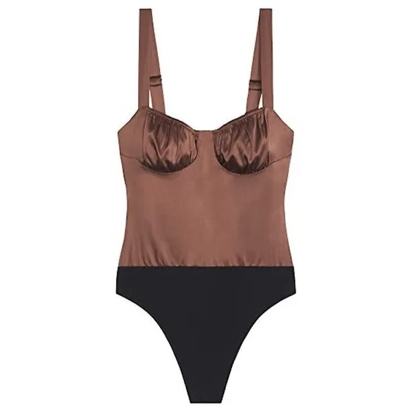 WeWoreWhat‎ Ruched Cup Bodysuit Size 2 Brown Satin Night Out Trendy Sexy - Image 11