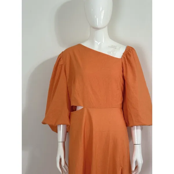 Showpo Rhyne Midi Dress Orange Asymmetric Puff Sleeve Side Cut Out A Line 12 NWT - Image 7