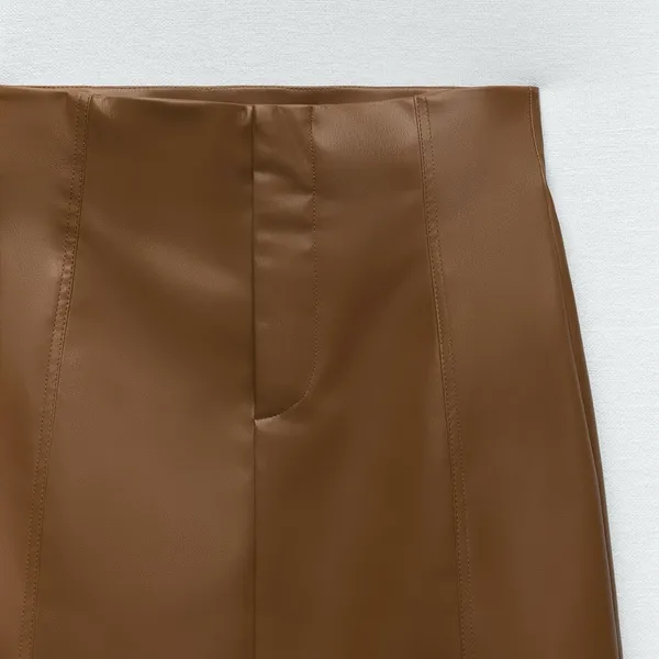 ZARA Brown Vegan‎ Faux Leather Pronounced Seams High Waisted Mini Skirt Size XXL - Image 5