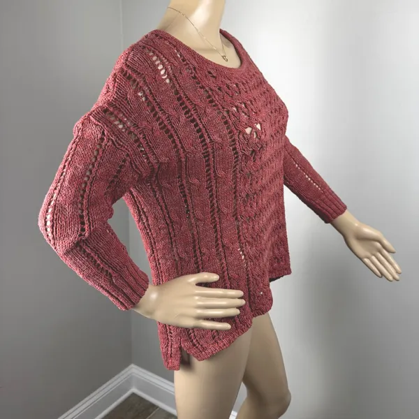Red/Orange Crochet Knit Sweater Women's Open Weave Boat Neck 3/4 Sleeve‎ - Image 9