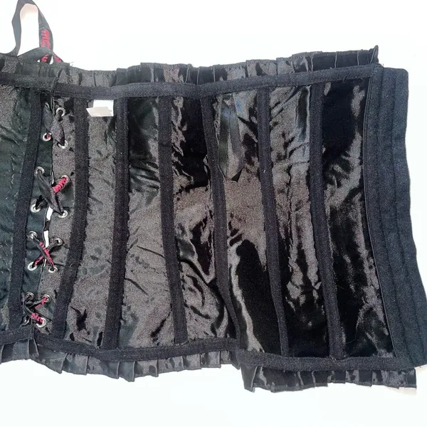 Burlesque Corset Black Satin Lace Up Ribbed Ruffle Fairy - Image 5