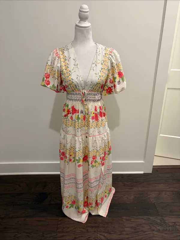 New Without Tags Entro Floral V-Neck Puff Sleeve Maxi Dress Sz S - Image 5
