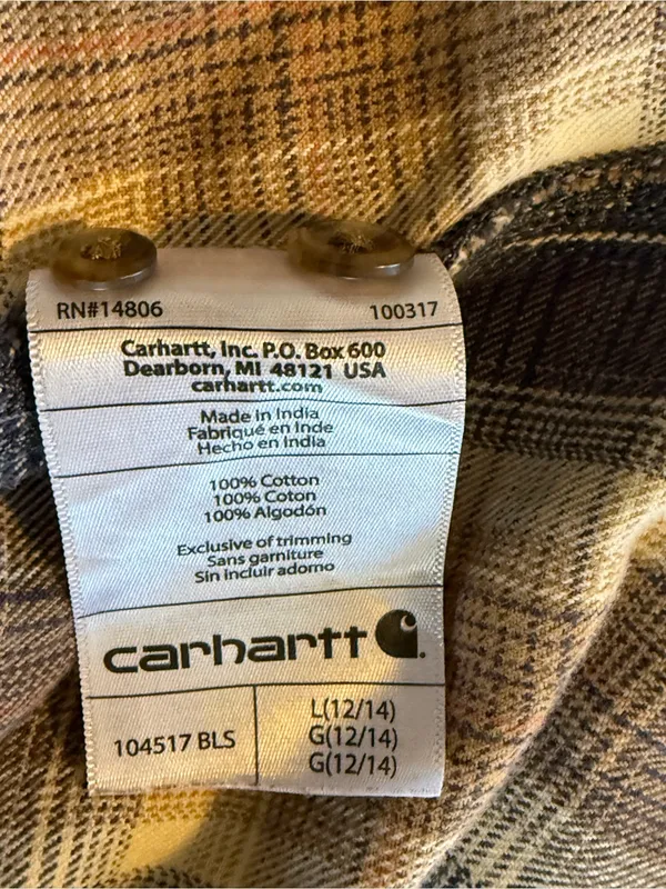 Carhartt Women’s L 12/14 Hooded Plaid Flannel Shirt Brown Blue Button Front - Image 9