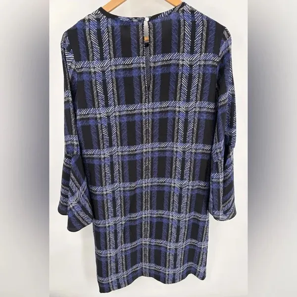 Tyler Boe women’s bell long sleeve silk sheath dress blue black pattern size s - Image 6