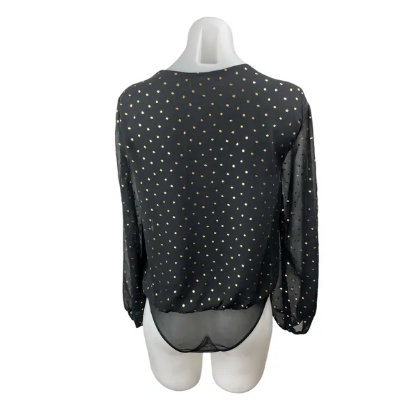 All in Favor Black Metallic Dot Sheer Mesh Long Sleeve Wrap Bodysuit Top Size S - Image 4