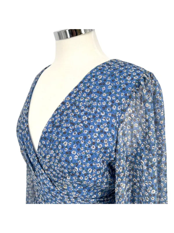 Bardot Floral V-Neck Long-Sleeve Mini Dress Ruffled Ruched Blue Size XL - Image 4