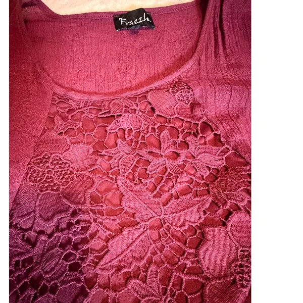 Frazzle Burgundy Lace Crochet Bell Sleeve Boho Mini Tunic Dress Large Wine Red - Image 14