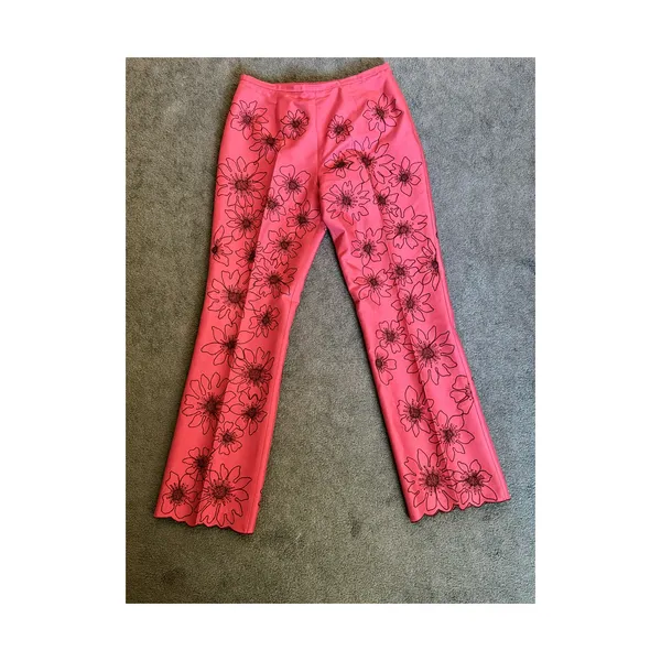 Jade Silk Pants Womens Size 4 Floral Embroidered Pink Scalloped Hem Lined Boho - Image 5