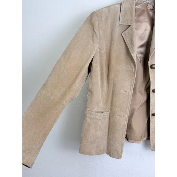 Vintage 90s Boho Suede Leather Blazer Tan Ruff Hewn Women's L - Image 7