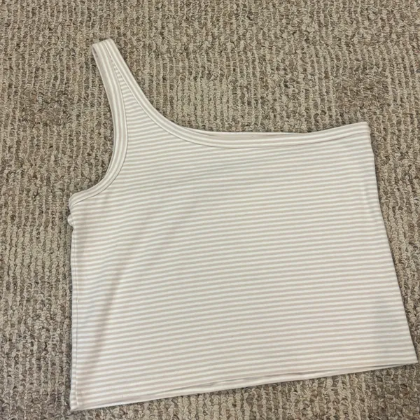Aerie Cream and White Striped One-Shoulder Tank Top - Image 4