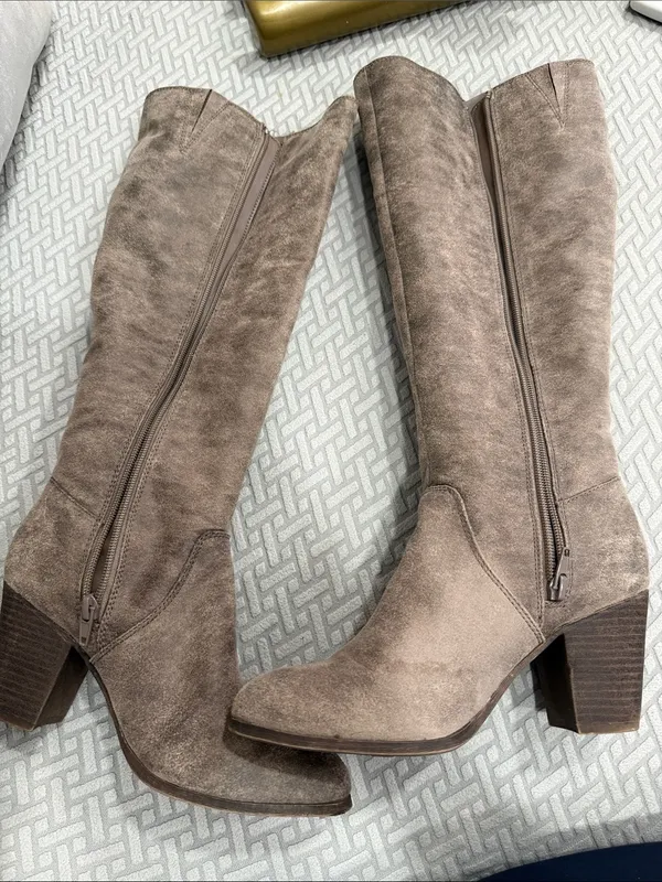 Fergalicious Taupe Suede Over-the-Knee Woven-Panel Boots Size 7.5 - Image 9