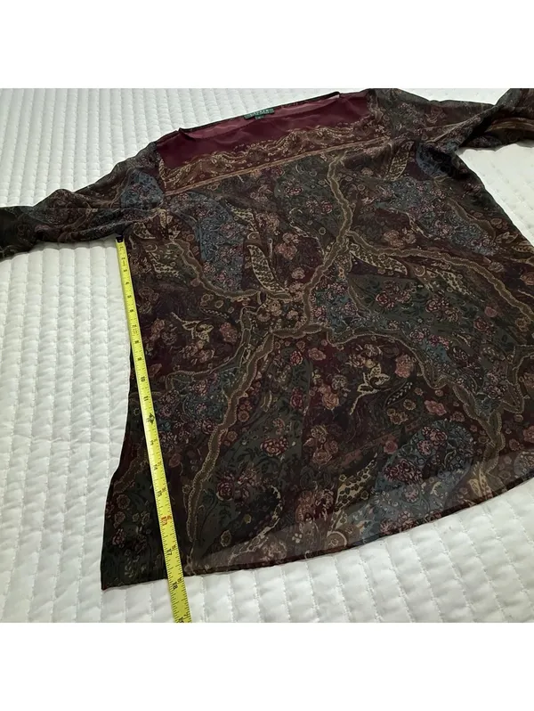 Lauren Ralph Lauren Burgundy Paisley Floral Sheer Blouse Top XL Extra Large - Image 4