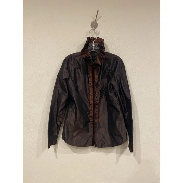 Etro Blouse Womens 48 Brown 100% Silk Ruffle High Neck Button Top Made In Italy - Image 2