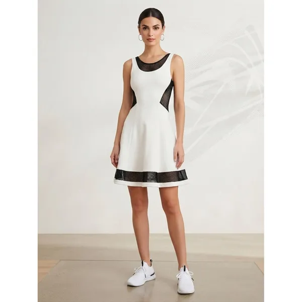 Bebe Women Dress XXS White Black Mesh Panel Fit Flare Skater 70JSA101-N060 - Image 2