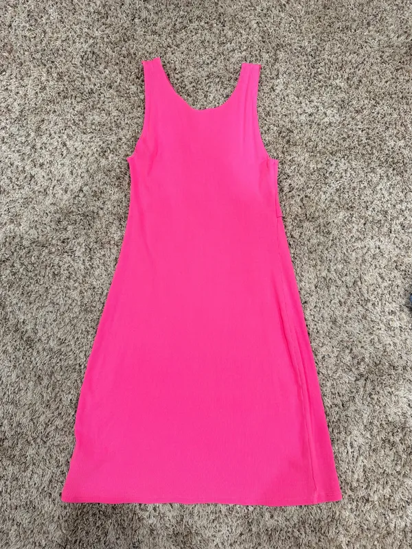 Aerie Dress Midi Ribbed Pink Twist Front - Image 3