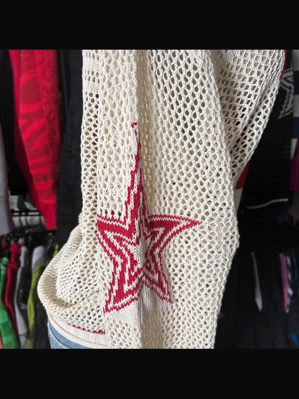 Y2k Graphic Oversized Crochet Jersey Shirt V Neck Long Sleeve Knit Pullover S - Image 9