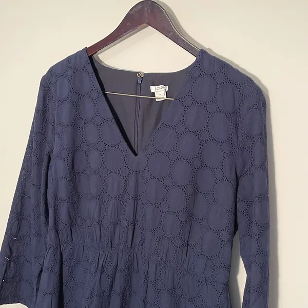 J Crew Navy Blue‎ Cotton Eyelet Dress V Neck 3/4 Sleeve Scalloped Hem Women's 14 - Image 3