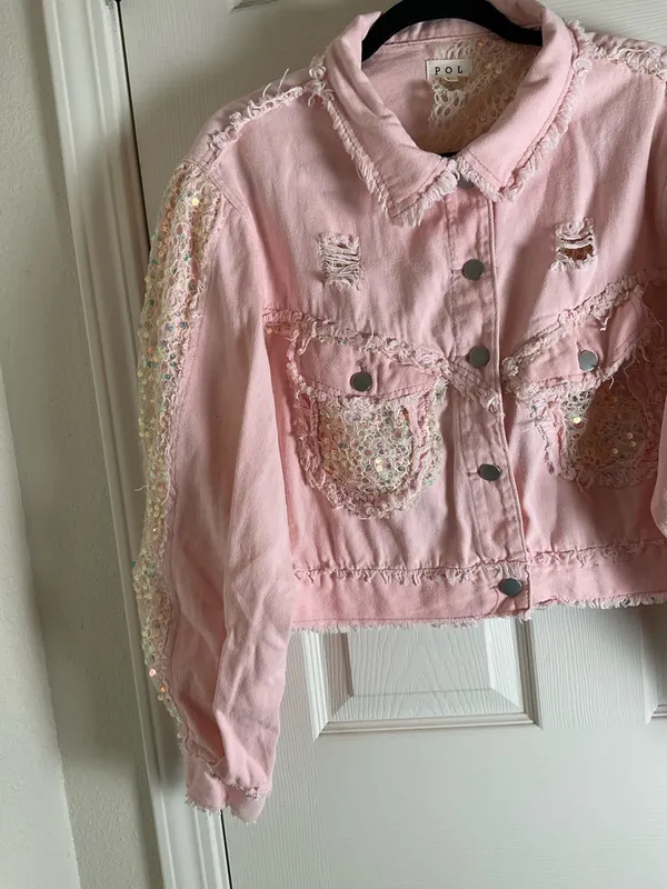POL Pink Blush Denim Jacket with Sequin Lace Sleeves & Raw Hem - Sz L - Image 4