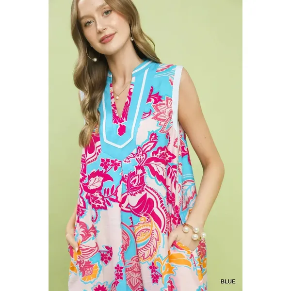 Umgee Floral Sleeveless Midi Dress with Side Pockets - Blue - Small - Image 6